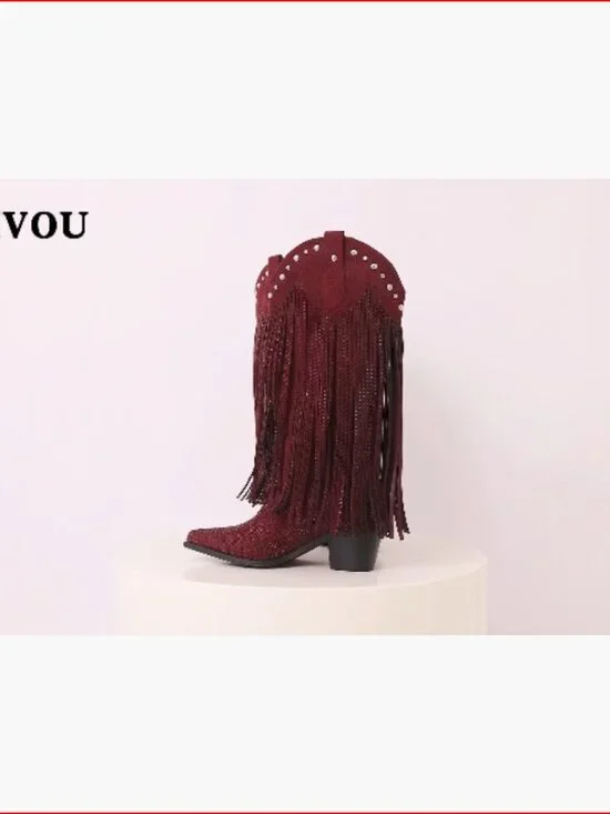 Rhinestone Fringe Cowgirl Boots, Faux Leather Mid-Calf Chunky Heel - Picture 7 of 7